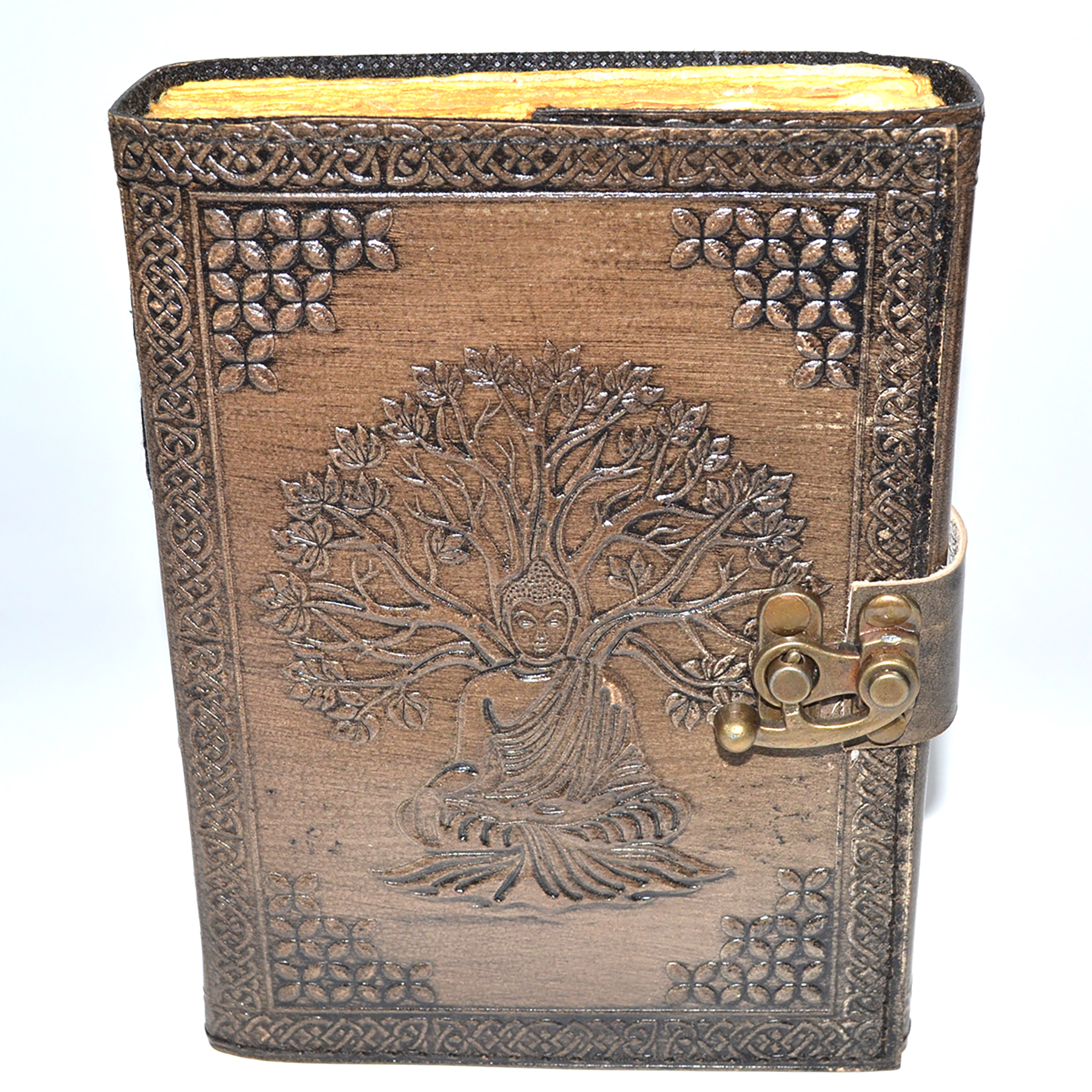 (image for) Buddha/Tree of Life aged looking paper leather w/ latch