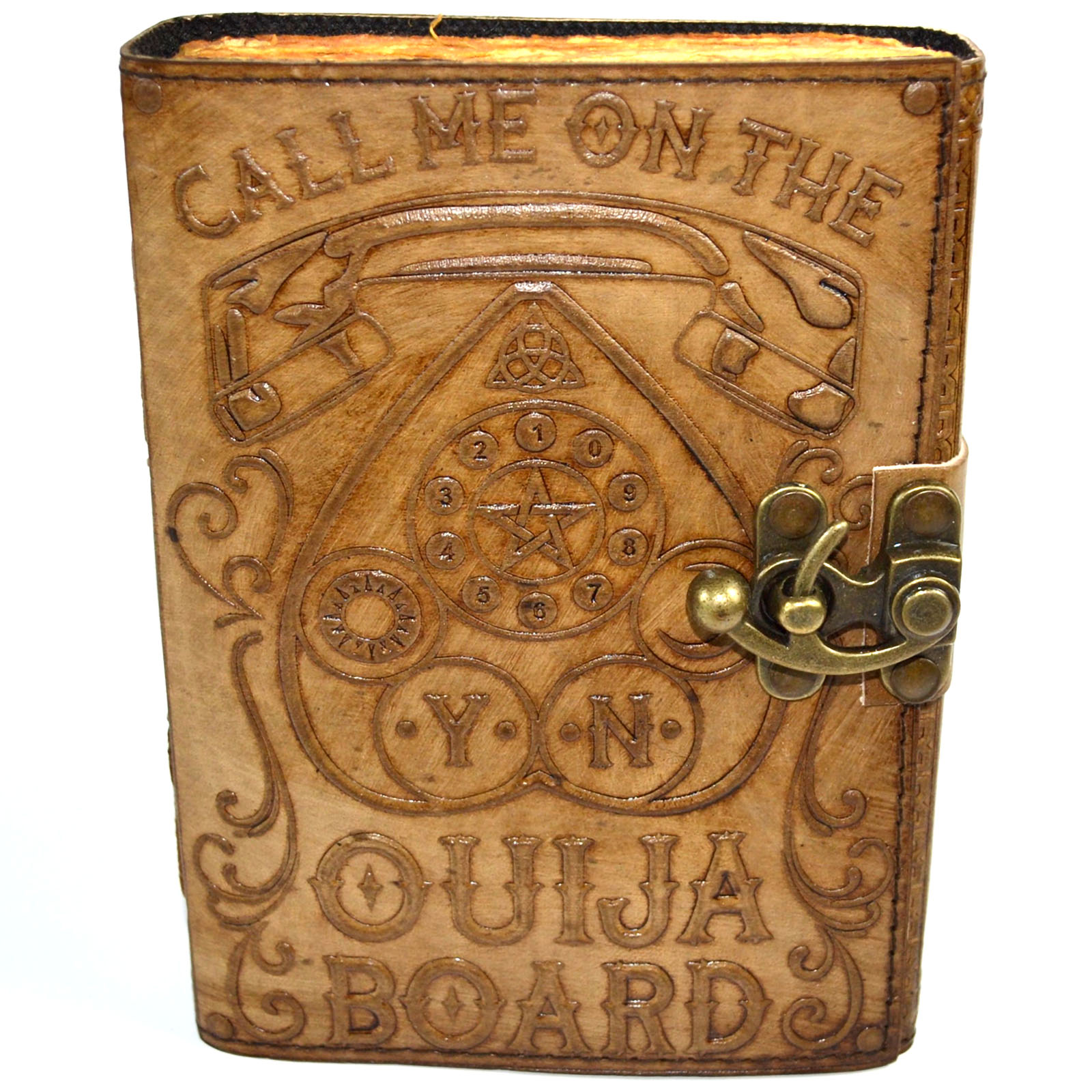 (image for) Call Me on the Ouija Board aged looking paper leather w/ latch